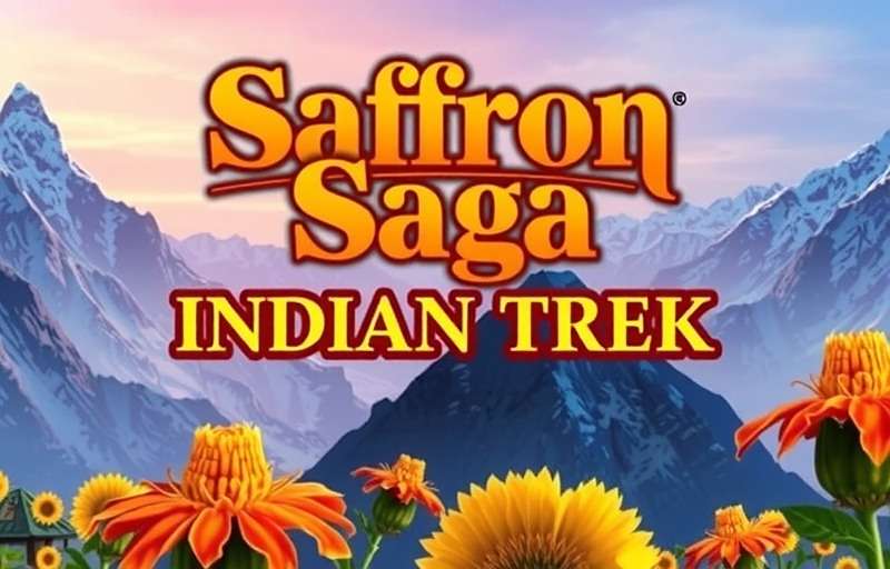 Saffron Saga Indian Trek game cover featuring Himalayan mountains with saffron flowers in foreground