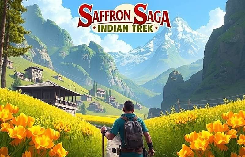 Saffron Saga Indian Trek gameplay showing player character trekking through Himalayan village with saffron fields