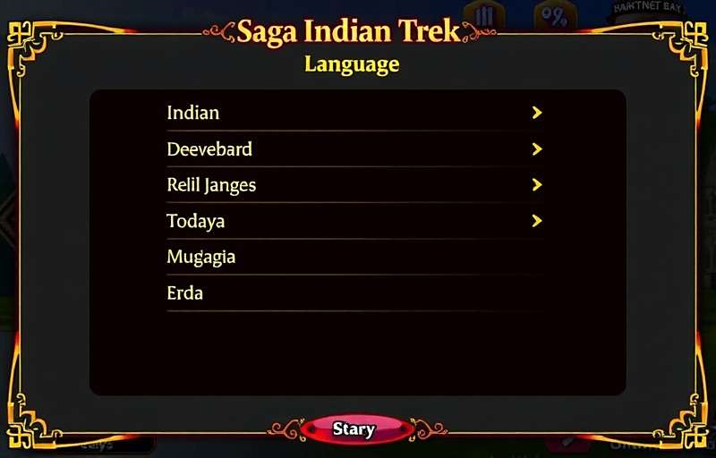 Saffron Saga Indian Trek language selection screen showing various Indian language options